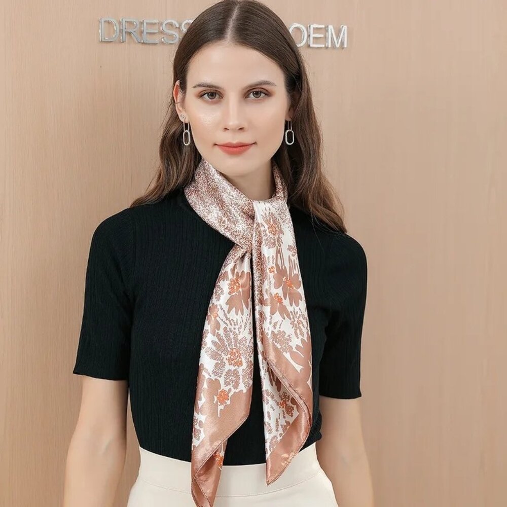 2/$30 Elegant Lady Modern Floral Style Ginger Taupe Peach Satin Silk Scarf
